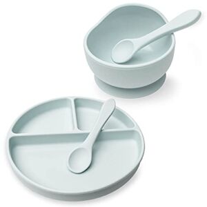 Ullabelle Toddler Plates, Bowls, & 2 Spoons for Babies – Silicone Suction Non-Slip Baby Feeding Set Kids – BPA Free (Sage)