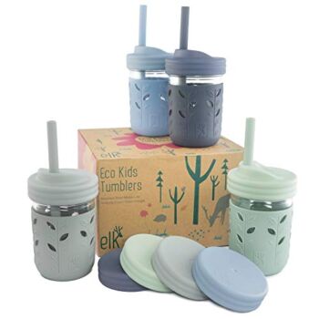 Elk and Friends Kids & Toddler Cups | The Original Glass Mason jars 8 oz with Silicone Sleeves & Silicone Straws with Stoppers | Smoothie Cups | Spill Proof Sippy Cups for Toddlers | The Storepaperoomates Retail Market - Fast Affordable Shopping