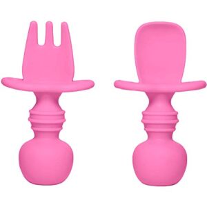 Silicone Baby Fork and Spoon Set, Baby Led Weaning Utensils, Stage 1 for Ages 6 Months (Pink)