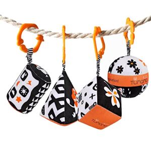 4 High Contrast Toy Black and White Toy Rattle Baby Hanging Toys High Contrast Car Seat and Stroller Toys for Travel, Sensory Soft Activity Shape Set Learning Cube