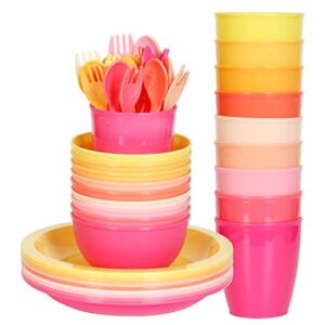 Youngever 54 pcs Plastic Kids Dinnerware Set of 9 in 9 Peach Colors, Toddler Dining Set, Cups, Kids Plates, Kids Bowls, Flatware Set, Kids Dishes Set