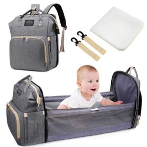 Baby Diaper Backpack – Uiter 3 in 1 Baby Doll Diaper Bag Portable Bed, Foldable Travel Infant Bassinets for Baby Waterproof Sleeping Bag with Mattress, Large Space Mummy Bag (Grey)