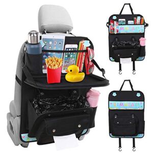 SIMNIAM Car Backseat Organizer with Foldable Tray, Mutiple-Pockets Anti-kick Car Seat Back Protector with 2 Cup Holder, 1 Tissue Box, 1 XL Trash Storage Pocket, Perfect Travel Accessories for Kids