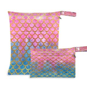 Sea Mermaid Scales Wet Dry Bags Sets Colorful Cute Baby Cloth Diaper Bag Waterproof Reusable Organizer with Two Zippered Pockets Beach Travel Washable Bag for Swimsuits Wet Clothes 2 pcs