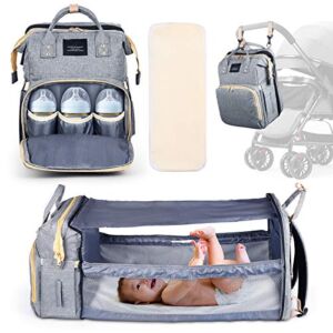 Miyjanse Diaper Bag Backpack with Changing Station, 3 in 1 Baby Nappy Bags Foldable Crib for Boys Girls, Portable Travel Bassinet Bags with Changing Pad, Stroller Straps, Sunshade Cloth, Large Capacity (Grey)