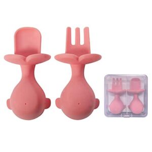Baby Spoons and Forks Set, BPA Free Weaning Silicone Baby Training Utensils, Baby Weaning Stage 1 (Ages 4 Months+) for Children’s Self Feeding Training (Pink)