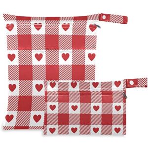 visesunny Valentines Red Heart Buffalo Plaid 2Pcs Wet Bag with Zippered Pockets Washable Reusable Roomy for Travel,Beach,Pool,Daycare,Stroller,Diapers,Dirty Gym Clothes, Wet Swimsuits, Toiletries