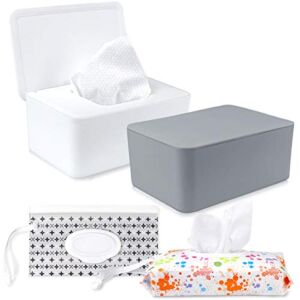 DOERDO 4 PCS Wipe Dispenser and Wet Wipe Pouch Bags Baby Wipe Holder with Lid Wipes Box Tissue Case Box Keeps Baby Wipe Fresh and Safe(White,Gray&2 Bags)
