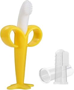 Banana Toothbrush Baby Toothbrush, Silicone Infant Training Finger Toothbrushes Babies Teething Toys (1 Teether and 2 Finger Toothbrushes)