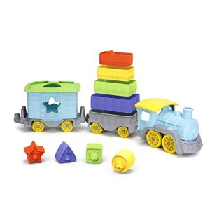 Green Toys Stack & Sort Train, Blue – 12 Piece Pretend Play, Motor Skills, Kids Toy Vehicle Playset. No BPA, phthalates, PVC. Dishwasher Safe, Recycled Plastic, Made in USA.