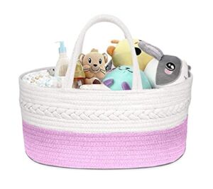 Baby Diaper Caddy Organizer Basket for Changing Table – Large Compact and Portable Woven Cotton Rope and Canvas Nursery Basket with 3 Divisions – Unisex Stylish GrayWhite – 14×8.5×7 Inches
