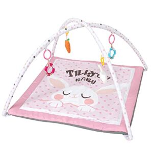 TILLYOU Deluxe Activity Tummy Time Gym Play Mat with 4 Take-Along Toys, Non-Slip Soft Washable Baby Playmat for Infant Newborn Toddler, Pink Bunny