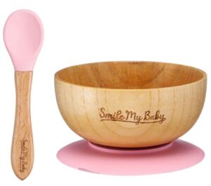 Wood Suction Bowl & Spoon Feeding Set Toddler,Infant,Kids Utensils – Stylish,No Mess,Easy Clean,Safe BPA Free, Natural Wood Gift Registry Search Newborn Essentials by Smile My Baby (Blush)