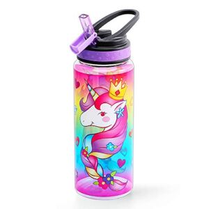 HomTune Cute Water Bottle with Straw for School Kids Girls, BPA FREE Tritan & Leak Proof & Easy Clean & Carry Handle, 23oz/ 680ml – Unicorn