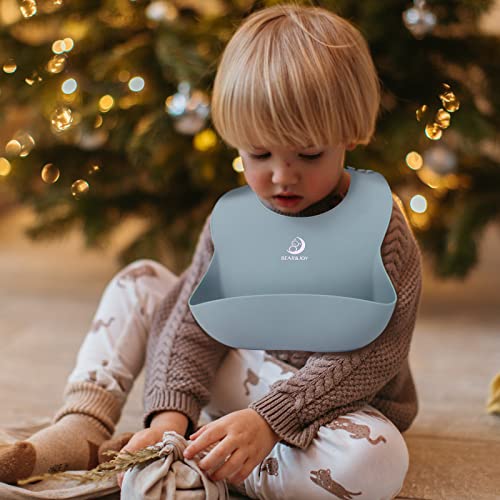 Bear&Joy Silicone Bibs for Babies, 2 Pack Baby Silicone Bibs, Soft Adjustable Fit Waterproof Bibs, Feeding Bibs with Food Catcher Pocket for Toddlers Girls Boys Kids | The Storepaperoomates Retail Market - Fast Affordable Shopping
