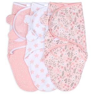 The Peanutshell Swaddle Blankets for Baby Girls, Pink Floral & Stars, 3 Pack Wrap Set, 2 Sizes (Small/Medium)