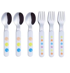 ANNOVA Kids Silverware 6 Pieces Stainless Steel Children’s Flatware Set 3 x Forks, 3 x Tablespoon Plastic Handle, Toddler Utensils Without Knives, for Babies, Infants BPA Free – Dots Stars