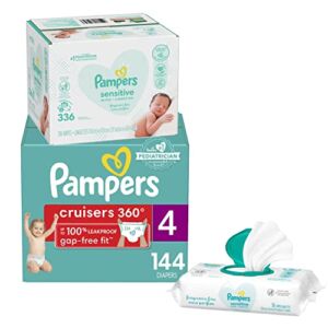 Pampers Pull On Diapers Size 4 and Baby Wipes, Cruisers 360° Fit Disposable Baby Diapers with Stretchy Waistband, 144 Count ONE Month Supply with Baby Wipes 6X Pop-Top Packs, 336 Count