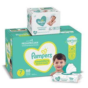 Pampers Swaddlers Disposable Diapers, Size 7, 88 Count and Baby Wipes Sensitive 6X Pop-Top Packs, 336 Count