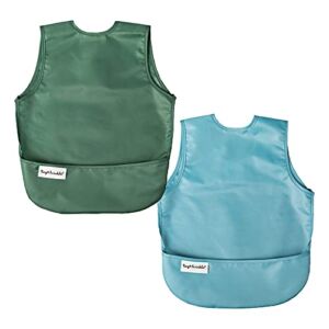 Tiny Twinkle Mess-Proof Apron Toddler Bibs w/ Tug-Proof Closure, Baby Food Bibs, 2 Pack Slate Olive, Small 6-24 Months