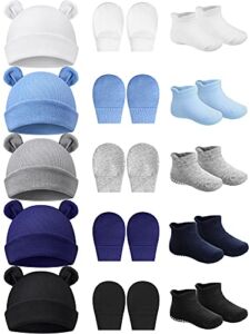 Baby Ears Newborn Hats Mittens and Socks Set for Boys Girls Beanie Hat 0-6 Month (White, Black, Gray, Light Blue, Navy Blue,5 Set)