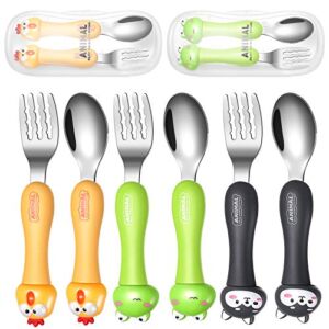 6 Pieces Toddler Utensils Baby Spoon Fork Set Toddler Flatware Set with Travel Case Baby Feeding Training Spoons Forks with Cute Cartoon Handle Stainless Steel Baby Angled Spoons for Age Over 6