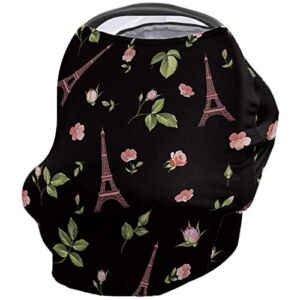 Nursing Cover for Breastfeeding Super Soft Privacy Cover Spring Pink Flowers Bloom Eiffel Tower Green Leaves Black Multi Use for Baby Car Seat Canopy Baby Shower Gifts for Boy&Girl