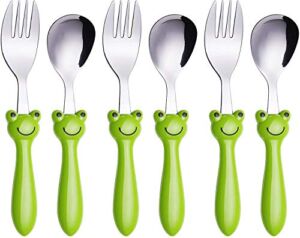 ANNOVA Kids Silverware 6 Pieces Set Children’s Flatware – Stainless Steel Cutlery – 3 x Safe Forks, 3 x Tablespoons – Safe Toddler Utensils Without Knives for Lunch Box BPA Free (Frog x 6 PCS)