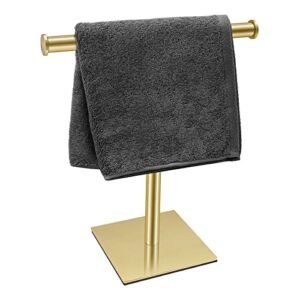 DUKWIN Hand Towel Holder SUS304 Stainless Steel Hand Towel Stand T-Shaped Freestanding Rack for Bathroom Kitchen Countertop with Square Base (Gold)