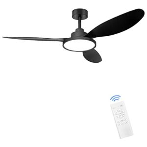 Ohniyou Black 52″ Ceiling Fan with Light and Remote Control Outdoor Ceiling Fan for Patios with Light Small Modern Flush Ceiling Light 6-Speed Reversible Motor 3 Colors Light for Bedroom