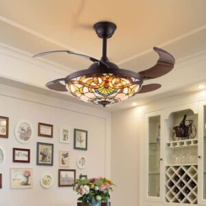 LOYALHEARTDY 42 Inch Ceiling Fan with Lights, Tiffany Ceiling Fan Lighting Fixtures with Remote Control 3 Colors LED 3 Wind Speeds Retractable Blades Adjustable Height for Living Room Bedroom