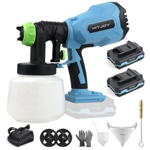 Battery Operated Paint Sprayer, 2 Battery Cordless Painting Sprayer Gun Easy Use for Wood Fence Furniture Ceiling Walls Automotive, Power HVLP Spray Gun with 1000ML Container & 2 Nozzles & 3 Patterns
