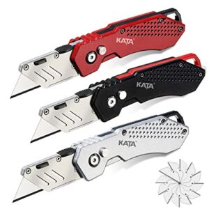 KATA 3-Pack Heavy Duty Box Cutter Folding Utility Knife With Zinc Alloy Body,Quick Change Blades, Lock-Back Design,Extra 12 Blades For Cartons, Cardboard and Boxes