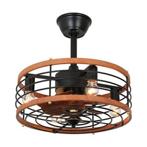 Caged Ceiling Fan With Light 21” Rustic Bladeless Ceiling fan With Remote Control, 3 Speeds Low Profile Modern Flush Mount Ceiling Fans Light Fixtures for Bedroom Living Room