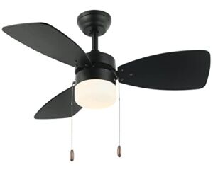 Small Ceiling Fan with Light and Pull Chain Control, 36 Inch Black Ceiling Fans for Small kitchen Bedroom Office and Bathroom, ETL Certified, Silent Reversible Motor and 3 Reversible Blades.