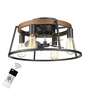 AIKIRY Caged Ceiling Fan with Lights Remote Control, Industrial Low Profile Bladeless Ceiling Fan with 6 Speeds Revisible Motor for Bedroom, 5001CF-BK-NW