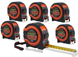 Greendale – 6 Pack of 25 ft Tape Measures / Measuring Tapes – Inches & Centimeters – Tough Outer Shell – Thumb and Quick Lock – Autowind – Belt Clip