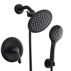 Black Shower Faucet Set, Single Handle Wall Mounted 6” Rainfull Head Shower System Shower Trim Kit with Rough-in Valve and 6-Mode sprayer Handheld Shower Head Matte Black