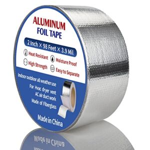 Aluminum Tape,Fiber Glass Cloth Foil Tape,2In×98Ft×3.9Mil Sealing Patching HVAC Dryer Vent AC Hot Cold Air Duct Tape,Moisture Proof Heat Resistant Aluminum Foil Tape for Duct Work.