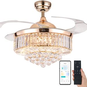 NUTCRUST Retractable Crystal Ceiling Fan with Light, Remote and APP Control, 6 Speed Reversible Blade Crystal Chandelier Ceiling Fan With Color Temperature Memory 42 inch 36W