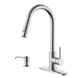 Kitchen Faucet with Soap Dispenser, APPASO Kitchen Faucet with Pull Down Sprayer, Brushed Nickel Kitchen Sink Faucets with Sprayer, Modern Kitchen Faucet for RV Bar Sink, Durable Stainless Steel