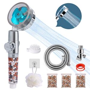 Turbo Fan Filtered Shower Head, High Pressure Shower Head with Hose, Hand Held Sprayer with Mineral Beads, 360°Rotating Showerhead, 3 Replacement Filters & Various Accessories, Pause Switch