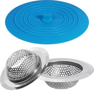 3 Pack Kitchen Sink Strainer and Sink Stopper, Sink Strainer Stopper Kit, Universal Silicone Drain Cover, Large Wide Rim 4.5″ Stainless Steel Sink Drain Strainer, Food Catcher for Kitchen Sink