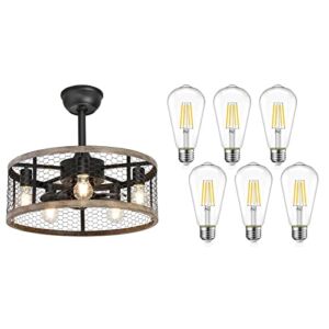 Ohniyou 20” Caged Ceiling Fans and Vintage LED Edison Bulbs,Rustic Farmhouse Ceiling Fan with Lights Remote Control, Reversible Motor, 3 Speeds, 4 Hours Timing