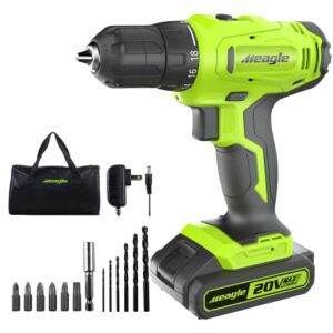 Meagle Cordless Drill, 20V Power Drill set with Battery & charger, 2 Variable Speed Electric Power Drill 18+1 Torque Setting, 3/8” Chuck with Drill Bits& Tool Bag