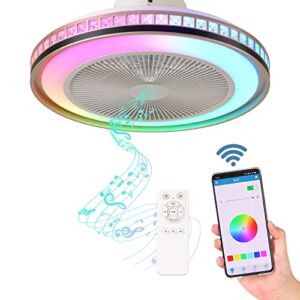 Zvaiuk 20 inch Bluetooth Enclosed Bladeless Ceiling Fan ,Bluetooth Enclosed Bladeless Flush Mount Low ProfileCeiling Fan with Speakers,Color LED Dimming,100 Kinds of Colorful Effects of Starry Lamp