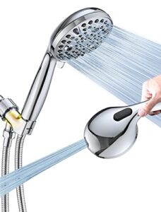 High Pressure 10 Setting Handheld Shower Head, 5″ Detachable Showerhead Spray Built-in Power Wash to Clean Tub, Tile & Pets, 79″ Extra Long Stainless Steel Hose, Adjustable Bracket – Chrome