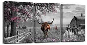 Jufahivos Wall Decor for Bedroom Black and White Wall Art Pink Pictures Rustic Wall Decor Cow Wall Art for Living Room Bathroom Decorations Wall Art 12×16​ Inches 3 Piece Wall Art Western Decoration