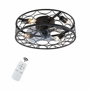 Caged Ceiling Fan with Lights Remote Control,18″ Low Profile Ceiling Fans,Farmhouse Rustic 6-Light Semi Flush Mount Ceiling Fan Lighting Fixture for Bedroom,Dining Room,Adjustable 3 Speed (Black)