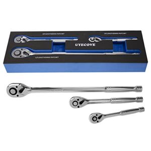 UYECOVE Long Ratchet Wrench Set, 1/4″, 3/8″, 1/2″ Drive 3pcs Ratchet Set, 72-Tooth Reversible Quick-Release Head, CR Steel and CR-MO Head, with EVA Storage Tray